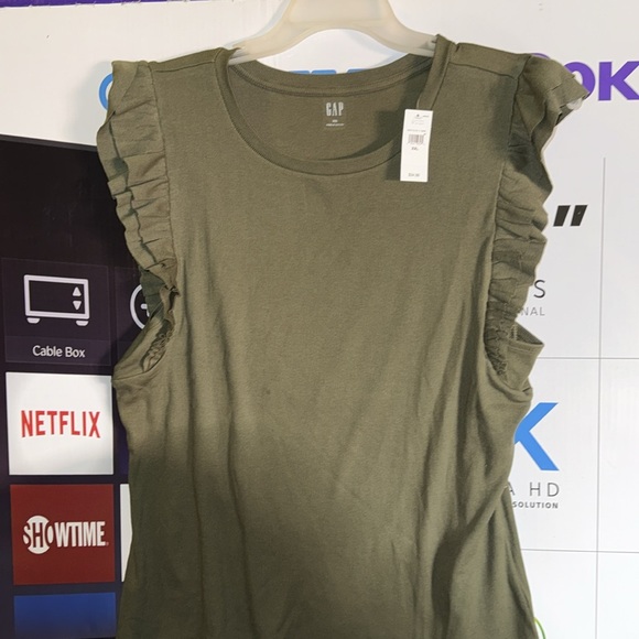 The color is Olive Night. Soft ribbed knit,short flutter sleeves, crewneck - Picture 3 of 3